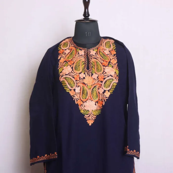 Dark Blue Cashmilon Aari Embroidery Sleeve Work Pheran | Phiran - Chattabal Collection [48, 44]