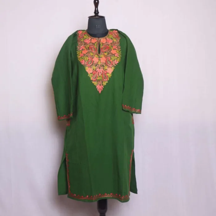 Olive Green Cashmilon Aari Embroidery Pheran | Phiran - Chattabal Collection [46, 43] - Image 2