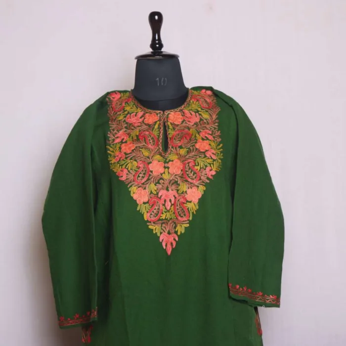 Olive Green Cashmilon Aari Embroidery Pheran | Phiran - Chattabal Collection [46, 43]