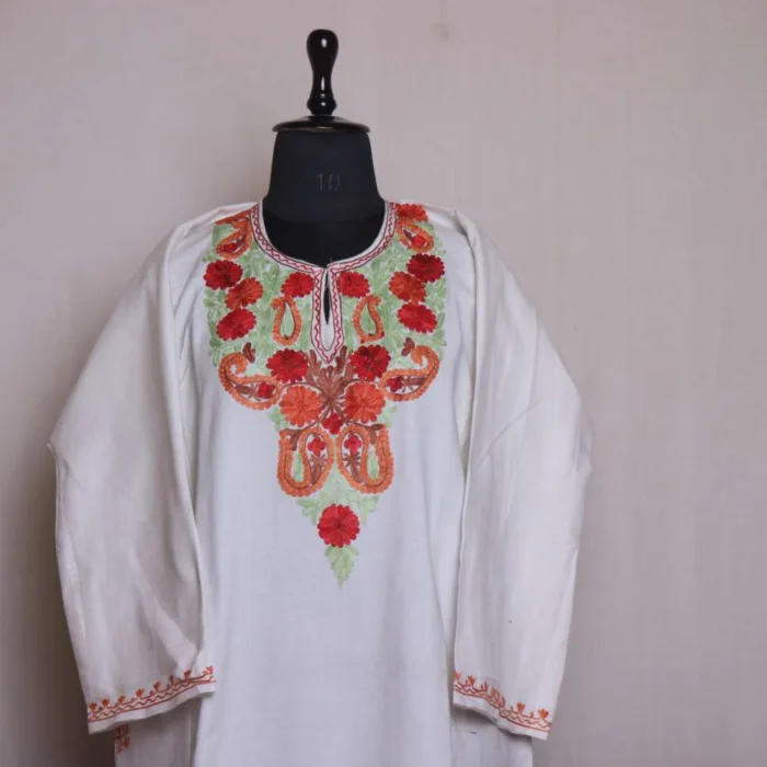 White Cashmilon Aari Embroidered Pheran | Phiran - Chattabal Collection [52, 43]