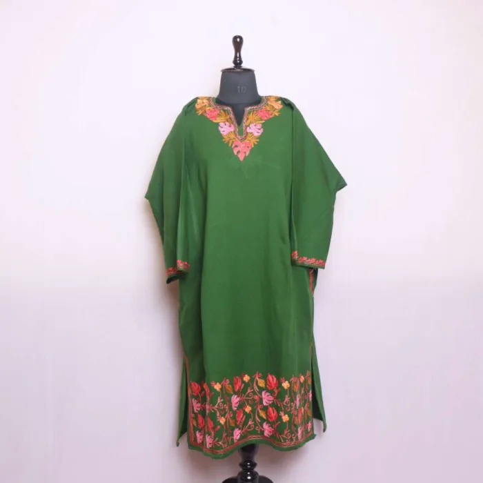 Green Designer Cashmilon Pheran | Phiran with Aari Damaan Embroidery - Saidakadal Collection