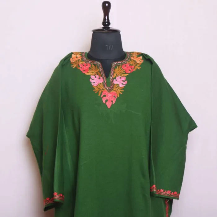 Green Designer Cashmilon Pheran | Phiran with Aari Damaan Embroidery - Saidakadal Collection - Image 2