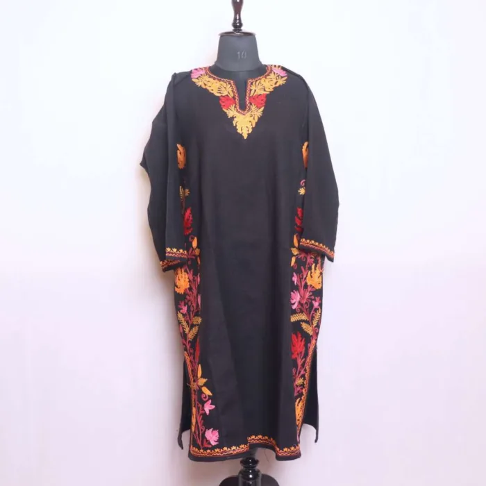 Black Designer Cashmilon Pheran | Phiran with Aari Work on Sides - Saidakadal Collection