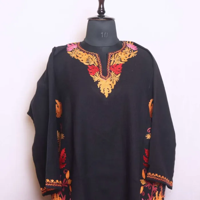 Black Designer Cashmilon Pheran | Phiran with Aari Work on Sides - Saidakadal Collection - Image 2