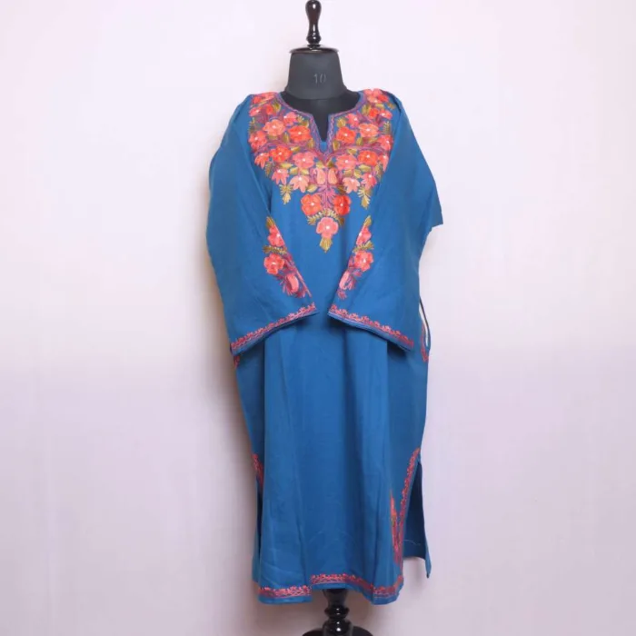 Blue Designer Cashmilon Pheran | Phiran with Aari and Sleeve Embroidery - Saidakadal Collection - Image 2