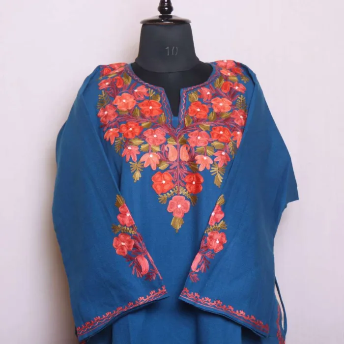 Blue Designer Cashmilon Pheran | Phiran with Aari and Sleeve Embroidery - Saidakadal Collection