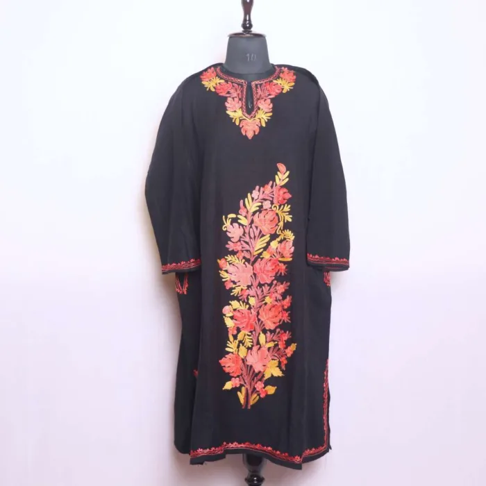 Black Designer Aari Embroidered with Big Flower on Front Cashmilon Pheran | Phiran - Saidakadal Collection