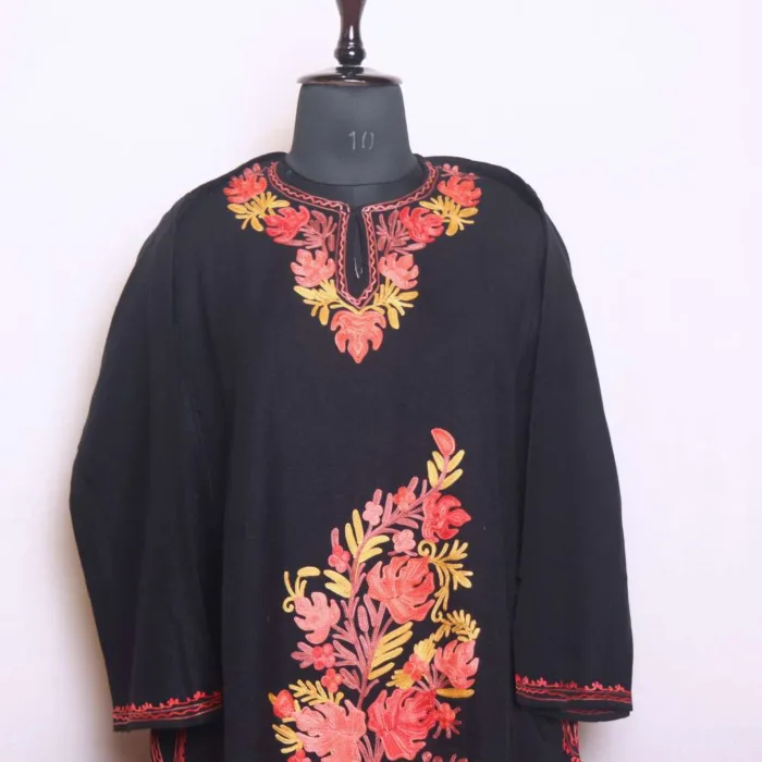 Black Designer Aari Embroidered with Big Flower on Front Cashmilon Pheran | Phiran - Saidakadal Collection - Image 2