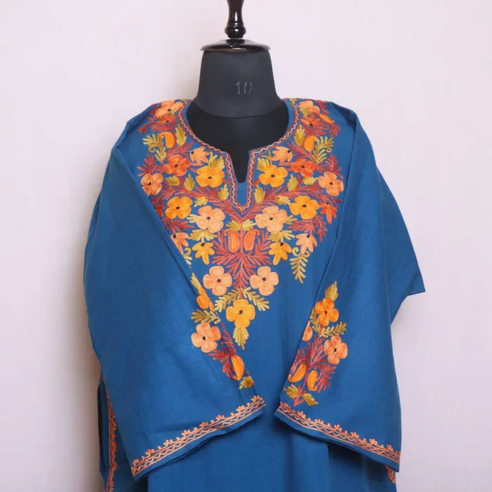 Stylish Blue Cashmilon Designer Pheran | Phiran with Intricate Aari and Sleeve & Damaan Corner Work - Saidakadal Collection