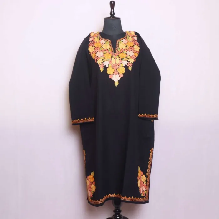 Black Designer Cashmilon Pheran | Phiran with Beautiful Aari and Damaan Corner Embroidery - Saidakadal Collection - Image 2