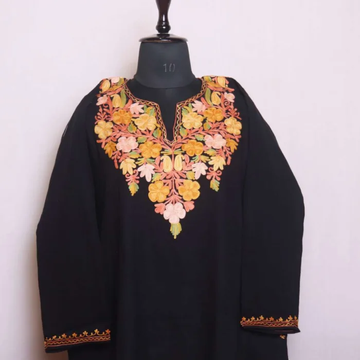 Black Designer Cashmilon Pheran | Phiran with Beautiful Aari and Damaan Corner Embroidery - Saidakadal Collection