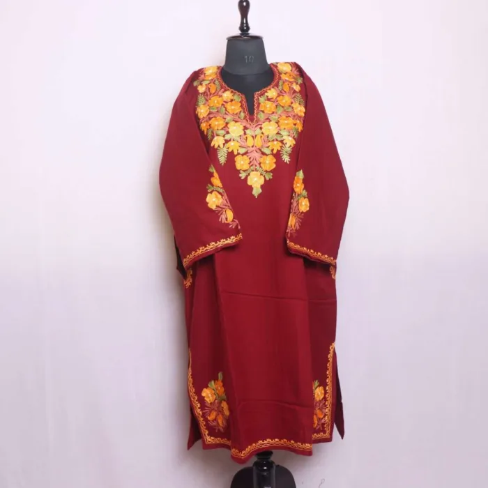 Stylish Maroon Designer Cashmilon Pheran | Phiran with Aari and Sleeve & Damaan Corner Embroidery - Saidakadal Collection - Image 5