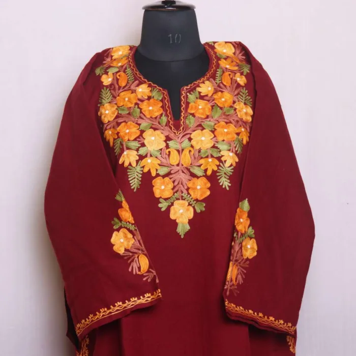 Stylish Maroon Designer Cashmilon Pheran | Phiran with Aari and Sleeve & Damaan Corner Embroidery - Saidakadal Collection