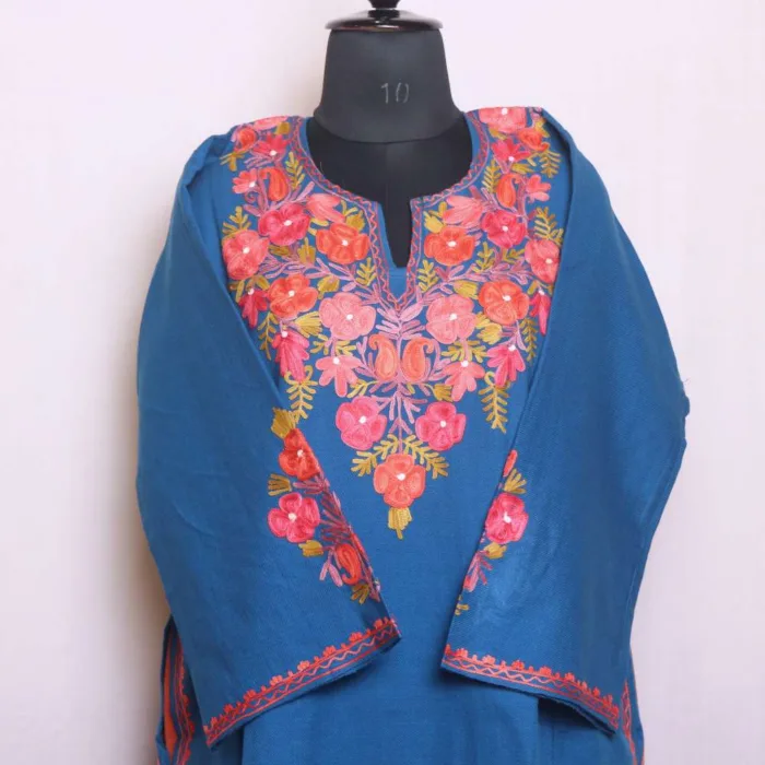 Stylish Blue Cashmilon Designer Pheran | Phiran with Aari and Sleeve & Damaan Corner - Saidakadal Collection