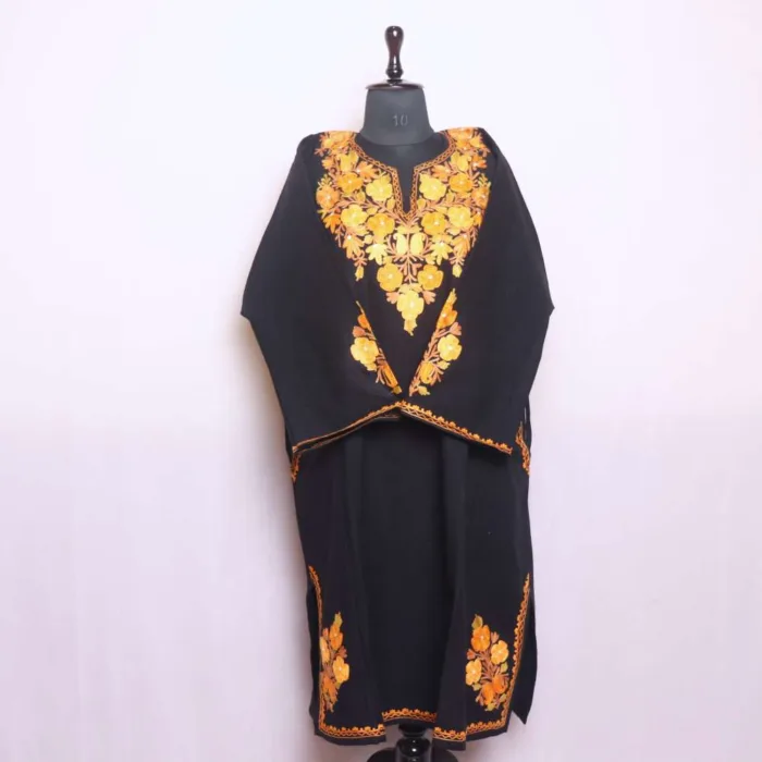 Black Designer Cashmilon Pheran | Phiran with Aari and Sleeve & Damaan Corner Work - Saidakadal Collection - Image 2