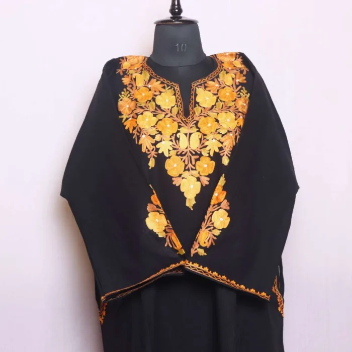 Black Designer Cashmilon Pheran | Phiran with Aari and Sleeve & Damaan Corner Work - Saidakadal Collection