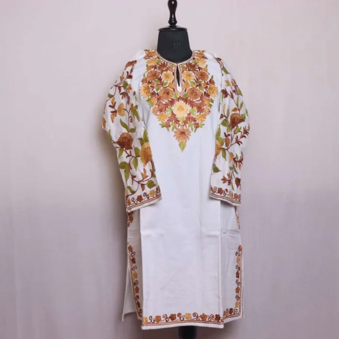 Cream Cashmilon Pheran with Aari Sleeve Embroidery - Saidakadal Collection - Image 2