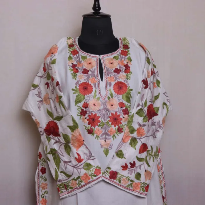 Womens Cream Cashmilon Aari Embroidered Sleeve Work Pheran - Saidakadal Collection