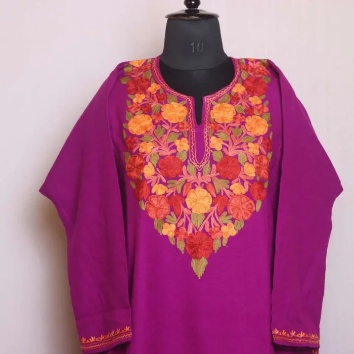 Elegant Purple Aari Worked Cashmilon Pheran for Women - Gupkari Collection