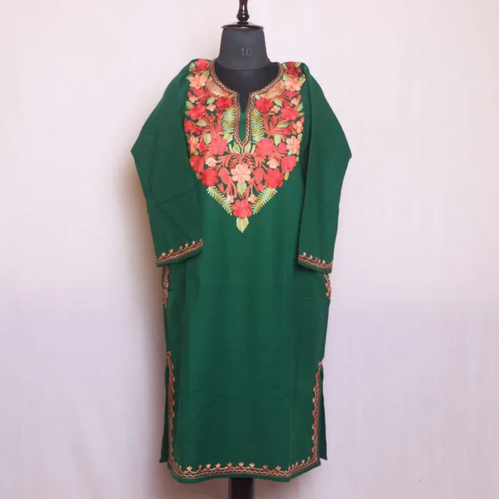 Dark Green Cashmilon Pheran Adorned with Aari Embroidery - Gupkari Collection - Image 2