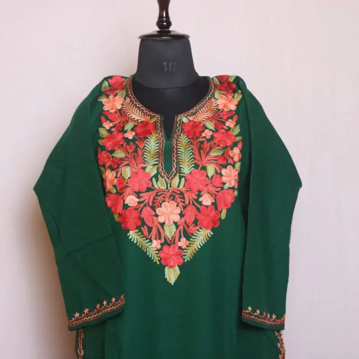 Dark Green Cashmilon Pheran Adorned with Aari Embroidery - Gupkari Collection