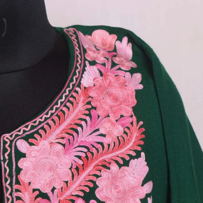 Graceful Dark Green Aari Embroidered Cashmilon Pheran - Gupkari Collection - Image 2