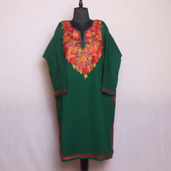 Dark Green Cashmilon Pheran with Mustard Flower Aari Detailing - Gupkari Collection - Image 2