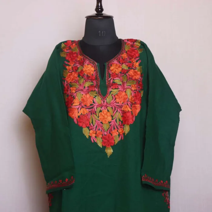 Dark Green Cashmilon Pheran with Mustard Flower Aari Detailing - Gupkari Collection