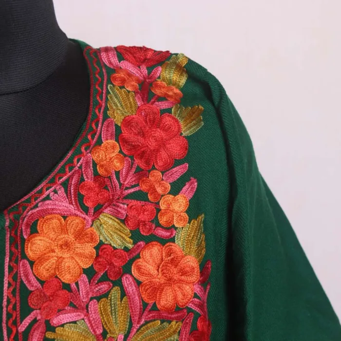 Dark Green Cashmilon Pheran with Mustard Flower Aari Detailing - Gupkari Collection - Image 3