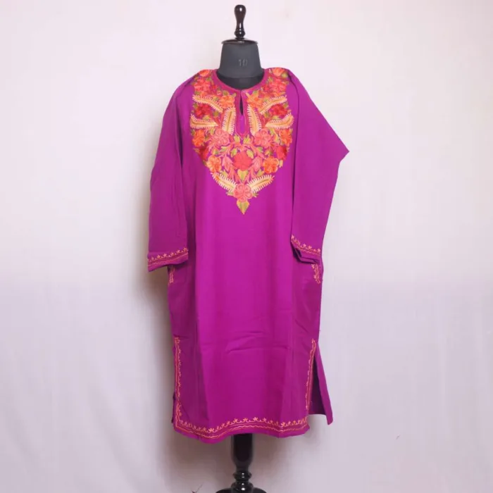 Beautifully Crafted Aari Embroidered Purple Cashmilon Pheran - Gupkari Collection - Image 2