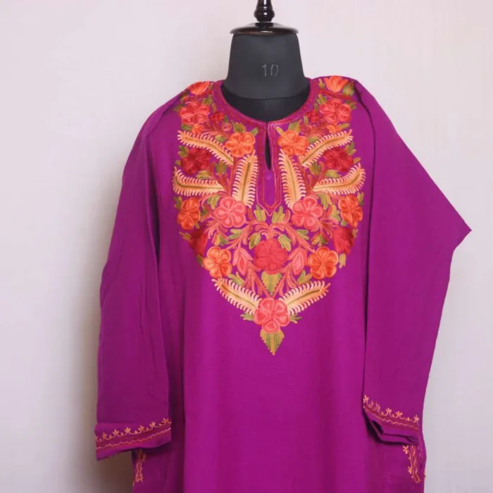 Beautifully Crafted Aari Embroidered Purple Cashmilon Pheran - Gupkari Collection