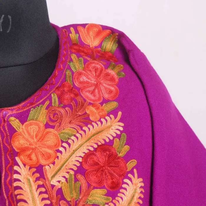 Beautifully Crafted Aari Embroidered Purple Cashmilon Pheran - Gupkari Collection - Image 3