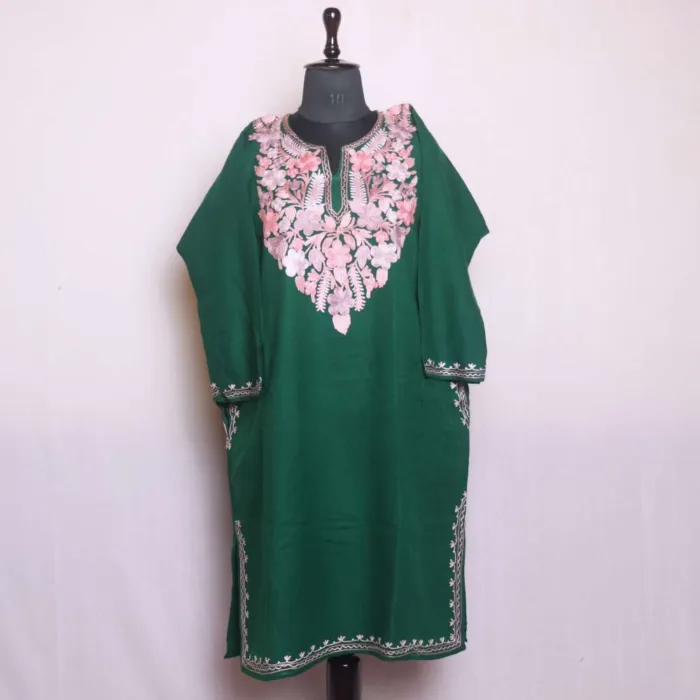 Exquisite Dark Green Aari Worked Cashmilon Pheran - Gupkari Collection - Image 2