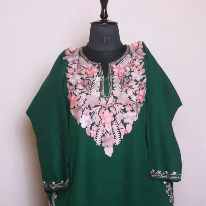 Exquisite Dark Green Aari Worked Cashmilon Pheran - Gupkari Collection