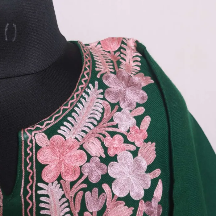 Exquisite Dark Green Aari Worked Cashmilon Pheran - Gupkari Collection - Image 3