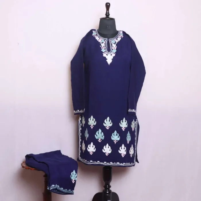 Indigo Border Boothidar Cashmilon Woolen Kurta Set with Aari Embroidery - Saidakadal Collection