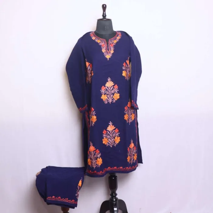 Royal Blue  Boothidar Woolen Kurta Set with Aari Embroidery - Nowshera Collection