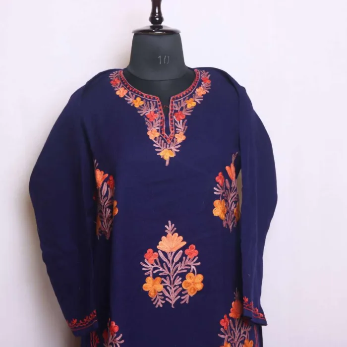 Royal Blue  Boothidar Woolen Kurta Set with Aari Embroidery - Nowshera Collection - Image 2