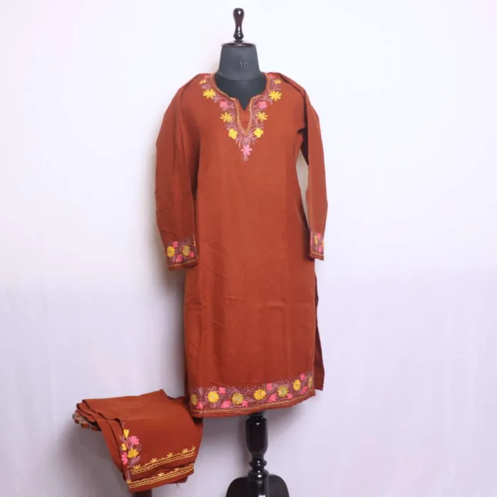 Rust Aari Embroidered Boothidar Woolen Kurta Set for Winter - Nowshera Collection