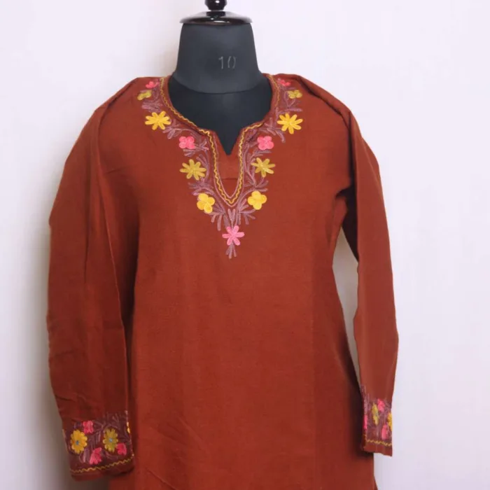 Rust Aari Embroidered Boothidar Woolen Kurta Set for Winter - Nowshera Collection - Image 2