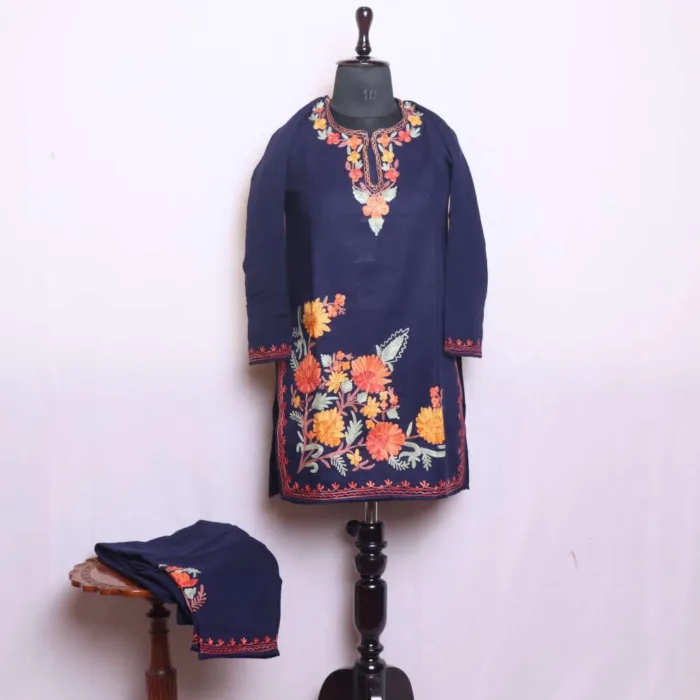 Indigo Cashmilon Border Boothidar Woolen Kurta Set with Elegent Aari Work - Saidakadal Collection