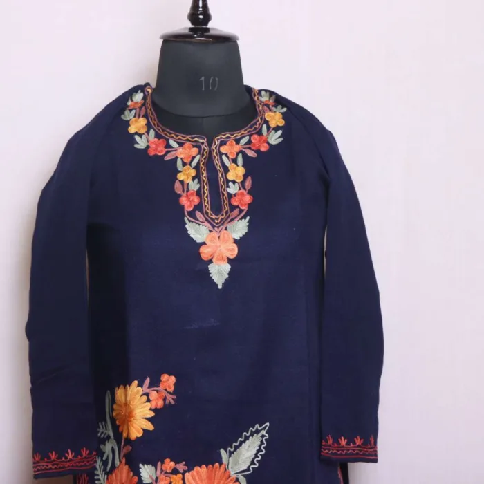 Indigo Cashmilon Border Boothidar Woolen Kurta Set with Elegent Aari Work - Saidakadal Collection - Image 2