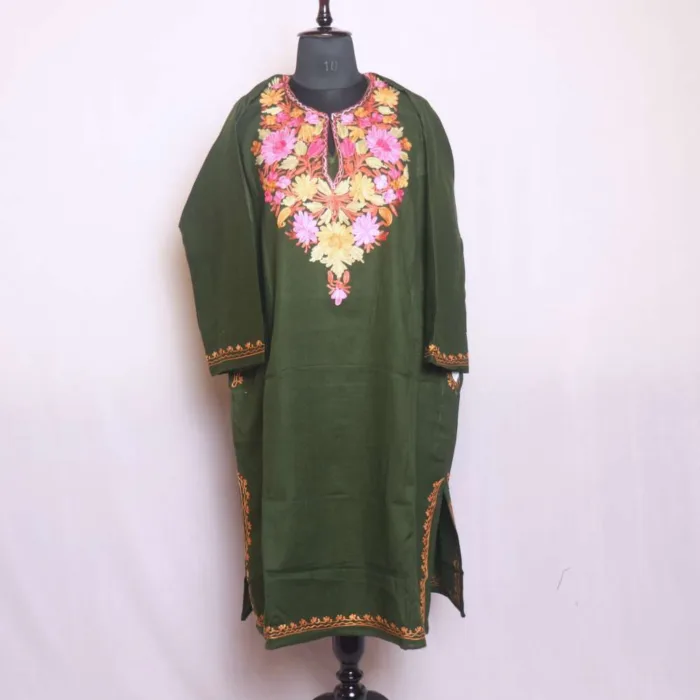 Stylish Olive Green Cashmilon Pheran | Feran Showcasing Aari Embroidery - Sonwar Collection - Image 2