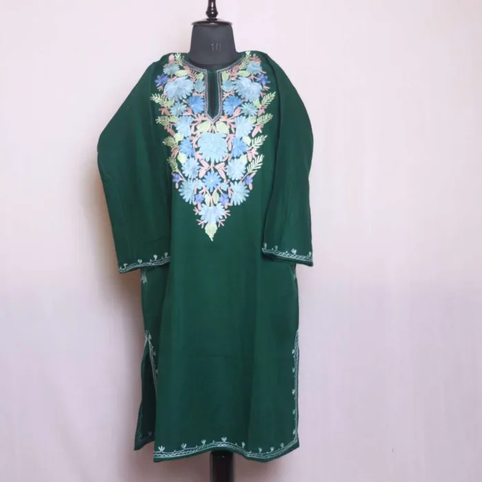 Dark Green Aari Embroidered Cashmilon Pheran | Feran - Sonwar Collection - Image 2