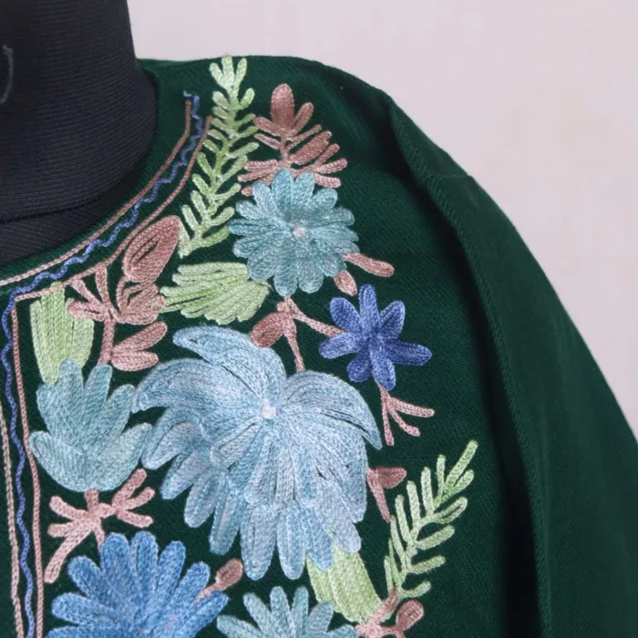 Dark Green Aari Embroidered Cashmilon Pheran | Feran - Sonwar Collection - Image 3