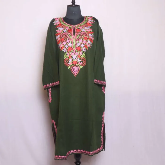 Olive Color Cashmilon Pheran with Aari Work - Sonwar Collection - Image 2