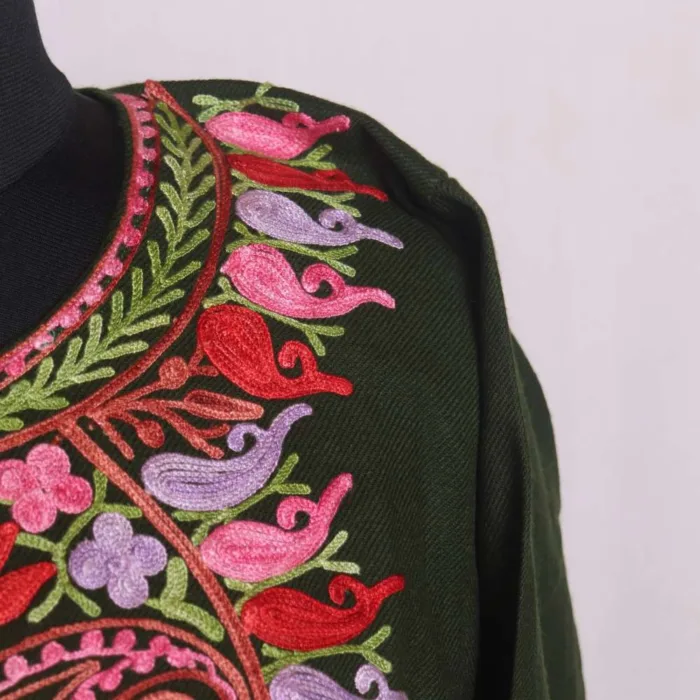 Olive Color Cashmilon Pheran with Aari Work - Sonwar Collection - Image 3