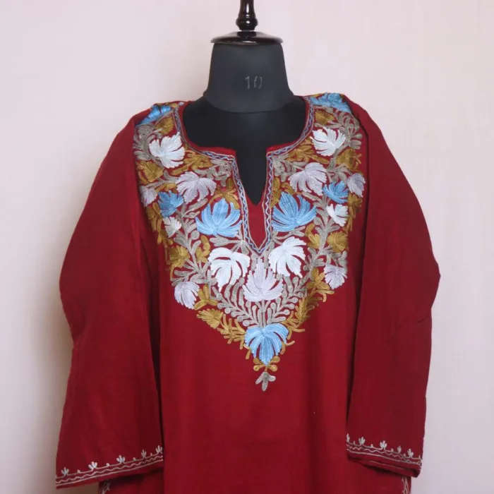 Refined Maroon Aari Embroidered Cashmilon Pheran - Sonwar Collection