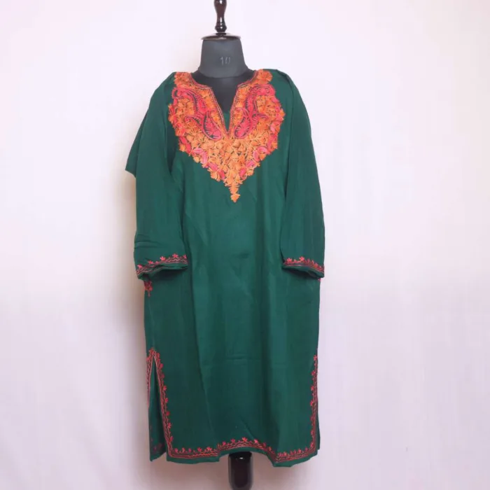 Dark Green Cashmilon Pheran with Elegant Aari Work - Sonwar Collection - Image 2