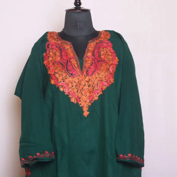 Dark Green Cashmilon Pheran with Elegant Aari Work - Sonwar Collection